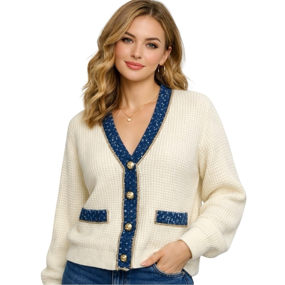 Nanette Lepore Waffle Knit Cardigan Cream Tweed Denim Trim Gold Button M